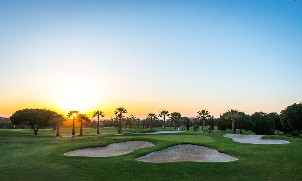 Sunset over palm trees at Dom Pedro Laguna Golf Course in Portugal's Algarve