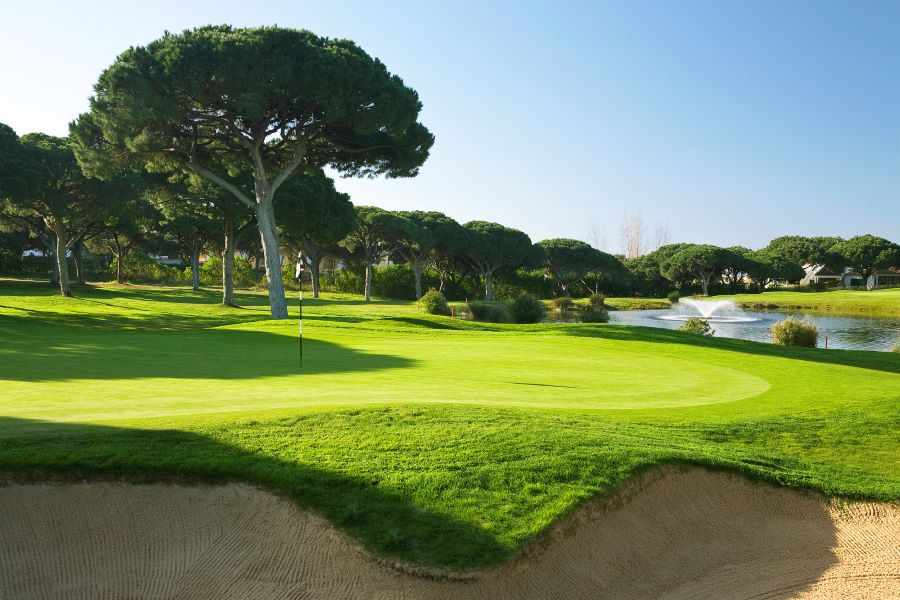 Bunker in front of the green at Dom Pedro Pinhal Golf Course in the Algarve