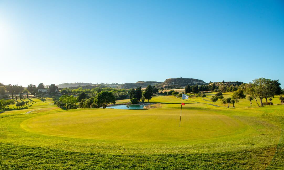Red flag on the green at Minthis Hills Golf Club in Cyprus