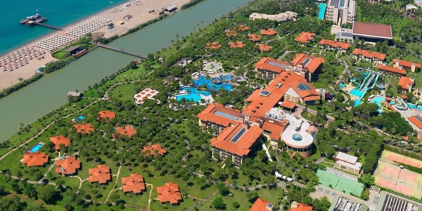 Gloria Golf Resort from the air with beach and sea in the background