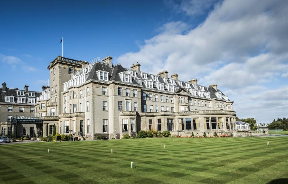 Exterior view of Gleneagles Golf Resort overlooking the gardens