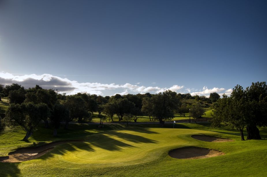 Pestana Vale da Pinta green with trees in the background and bunker protecting