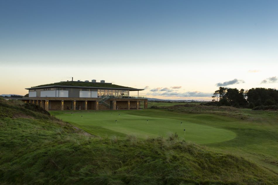 Club house overlooking the golf course at Dundonald Links in Ayrshire, Scotland