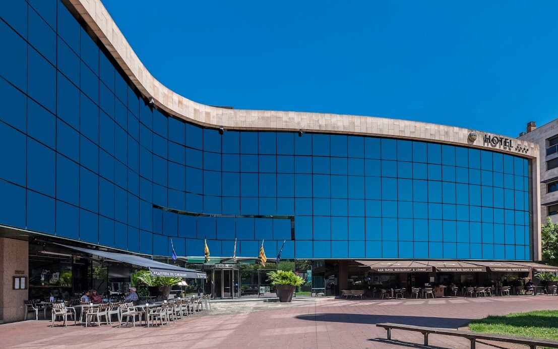 Exterior shot of Hotel Carlemany Girona with large glass frontage