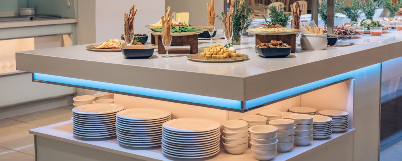Food ready to be served by guests at self service buffet at Iberostar Waves Las Dalias